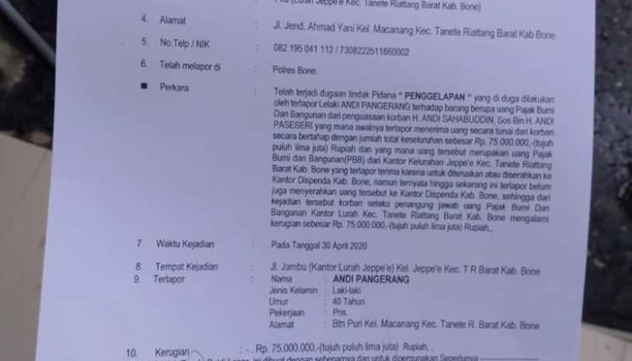 Diduga Gelapkan Pembayaran Pajak Bumi dan bangunan, Lurah Jeppe'e Polisikan Oknum ASN Bapenda Bone