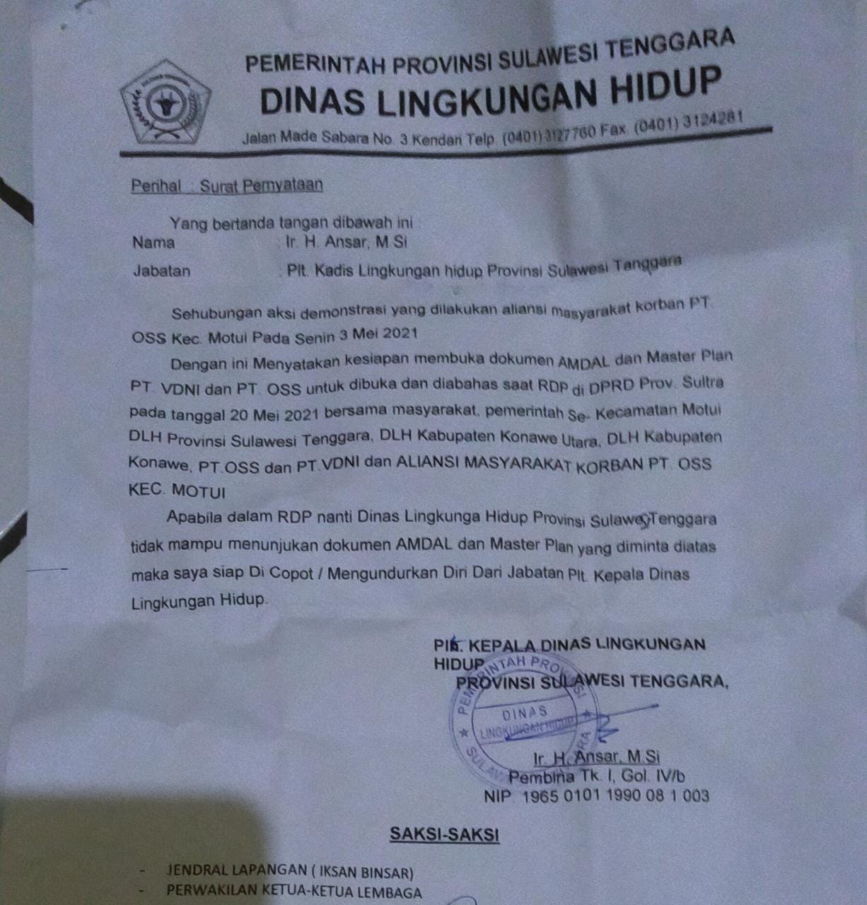 Didesak Demonstran, Kadis Lingkungan Hidup Provinsi Sultra Siap mundur dari jabatan Jika tak mampu lakukan ini