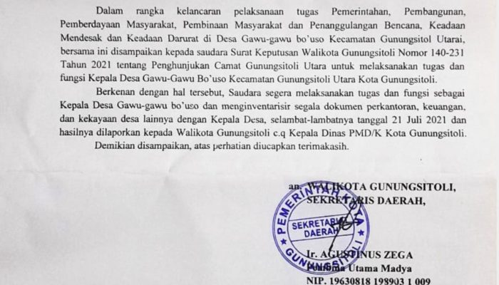 Laporan masyarakat Gawu-gawu bouse Membuat Camat Gusit Utara menjadi Pelaksana Sebagai Kepala Desa