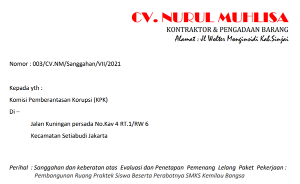 Tak terima hasil Evaluasi dan Penetapan Pemenang Lelang, CV Nurul Muhlisa Layangkan Sanggahan ke KPK