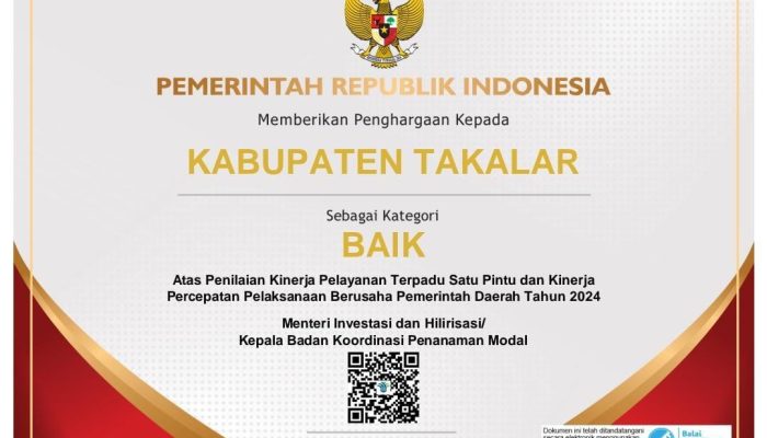 Pemda Takalar Raih Penghargaan Kategori Baik Atas Penilaian Kinerja PTSP dan PPB Tahun 2024